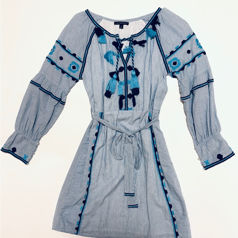 Blue Embroidered Long Sleeve Dress